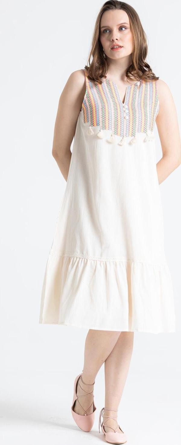 Kolsuz Şile Bezi Ilgaz Midi Boy Yazlık Elbise Krem Krm - Image 1