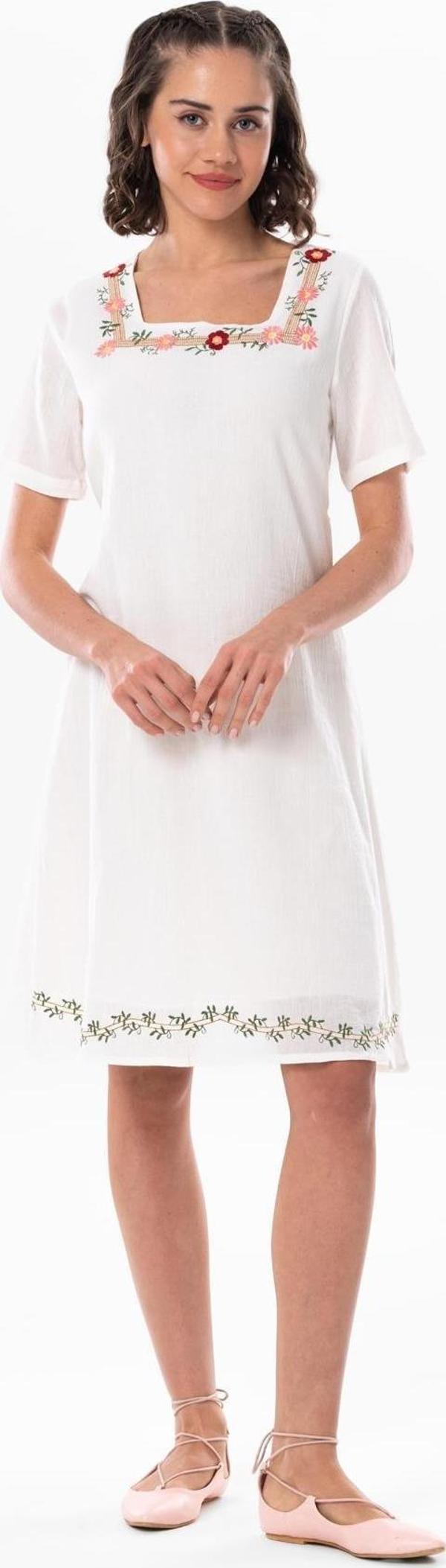 Kısa Kol Şile Bezi Kare Yaka Narin Kısa Yazlık Elbise Krem Krm - Image 1