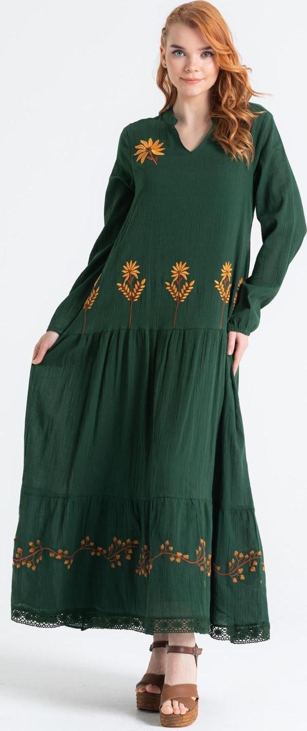 Uzun Kol Şile Bezi Aslı Nakışlı Uzun Yazlık Elbise Yeşil Ysl - Image 1