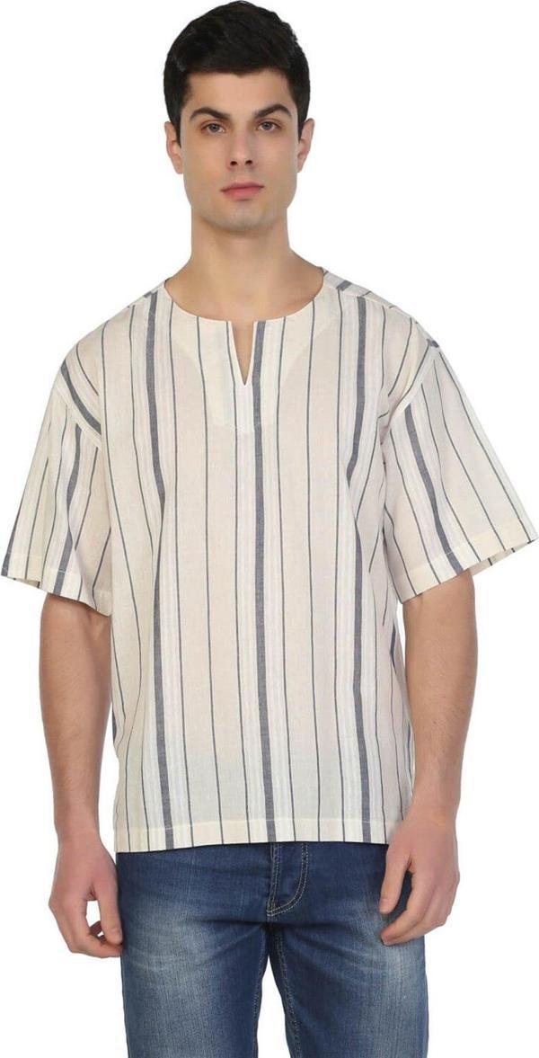 Büyük Beden Kısa Kol Şile Bezi Bisiklet Yaka Erkek Yazlık Tshirt Ekru Gri Çizgili 3028 - Image 1