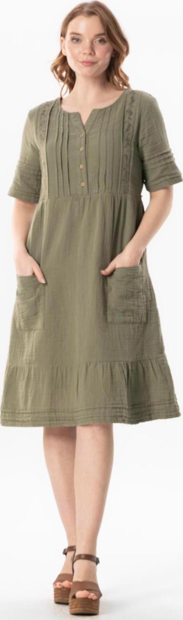 Kısa Kol Kare Yaka Dora Cep Detaylı Midi Boy Müslin Yazlık  Elbise Haki Hk - Image 1