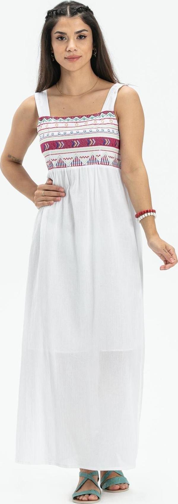 Askılı Şile Bezi Latin Uzun Yazlık Otantik Elbise Beyaz Byz - Image 1