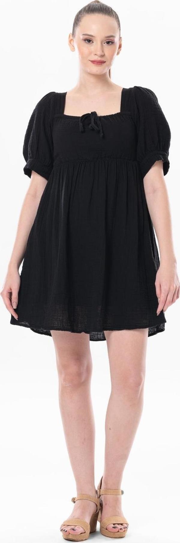 Kısa Kol Lara Kare Yaka Bağlama Detaylı Yazlık Müslin Elbise Siyah Syh - Image 1