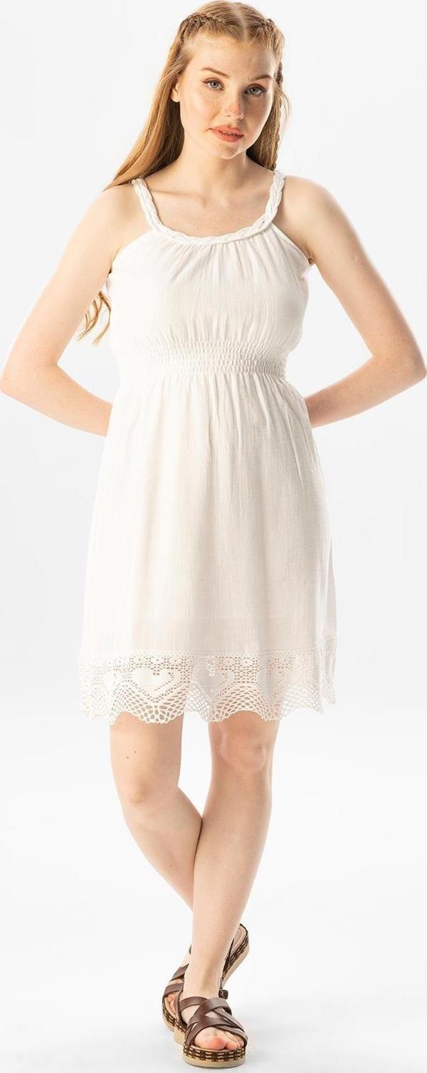 Askılı Şile Bezi Örgülü Mini Yazlık Elbise Beyaz Byz - Image 1