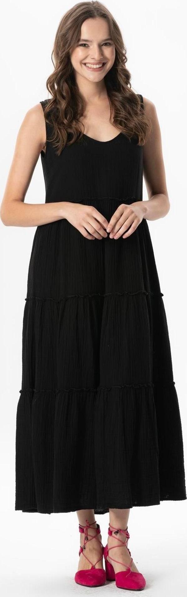 Kolsuz Artemis Oval Yaka Yıldız Baskılı Midi Boy Müslin Yazlık Elbise Siyah Syh - Image 1