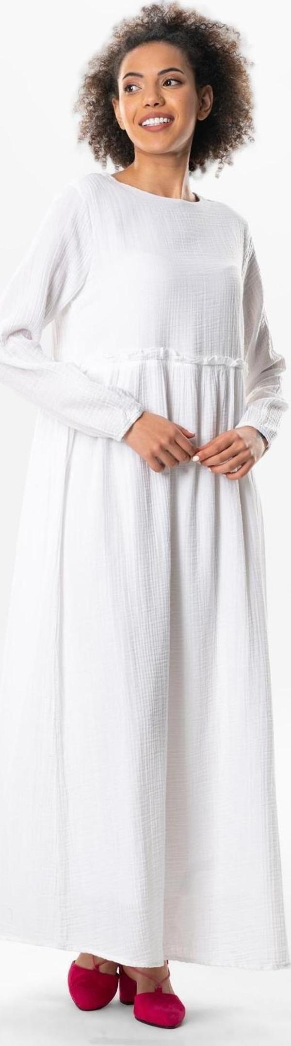 Uzun Kol Oylum Robalı Uzun Yazlık Müslin Elbise Beyaz Byz - Image 1