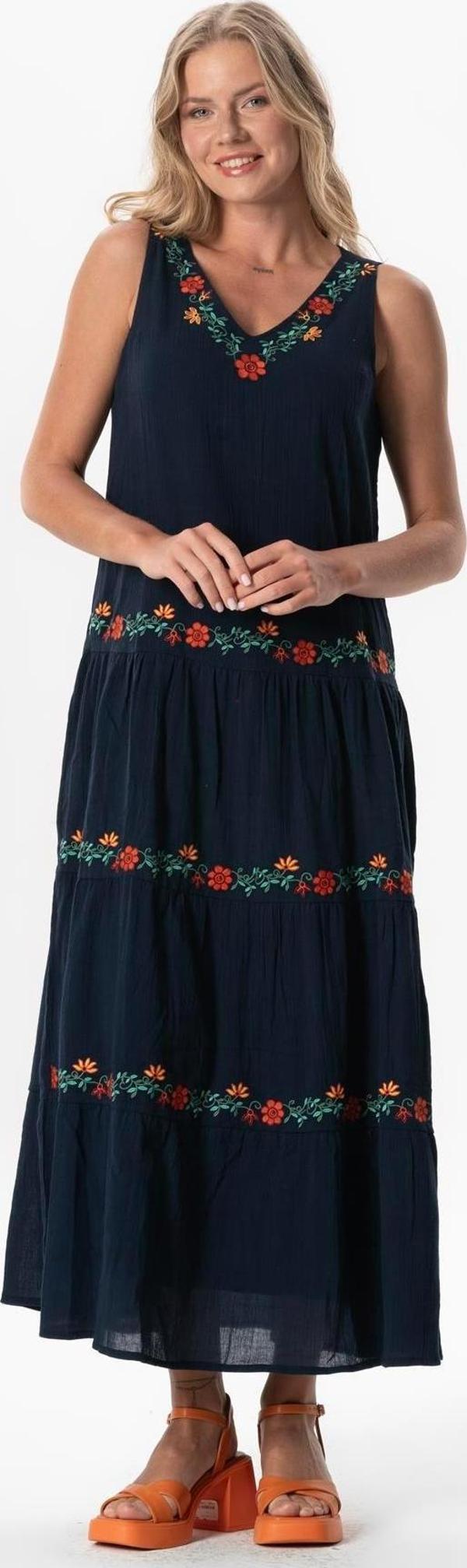 Kolsuz Şile Bezi Bahar V Yaka Nakışlı Uzun Yazlık Elbise Lacivert Lcvt - Image 1