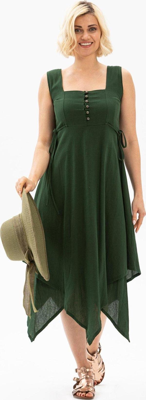 Kolsuz Şile Bezi Üçgen Katlı Midi Boy Yazlık Elbise Yeşil Ysl - Image 1