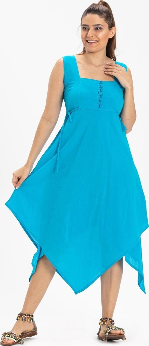 Kolsuz Şile Bezi Üçgen Katlı Midi Boy Yazlık Elbise Turkuaz Trkz - Image 1