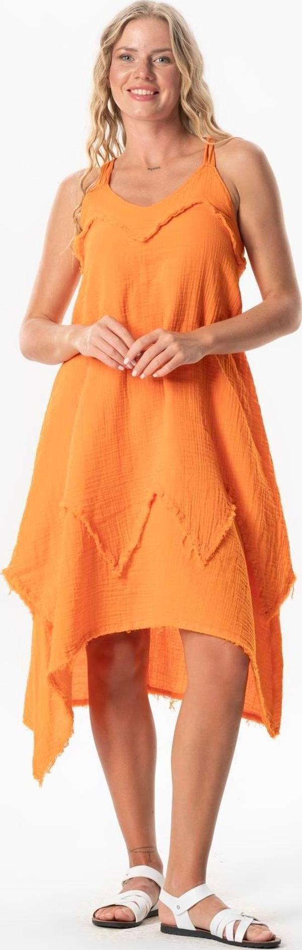 Askılı V Yaka Leyla Asimetrik Kesim Midi Boy Müslin Yazlık Elbise Turuncu Trnc - Image 1