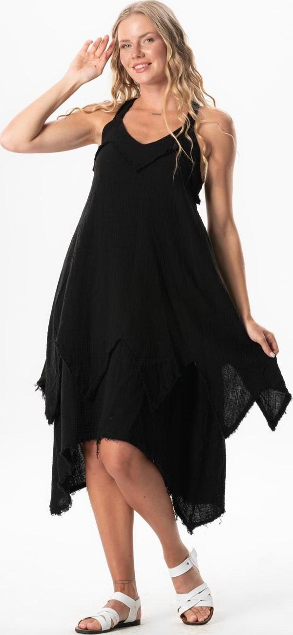 Askılı V Yaka Leyla Asimetrik Kesim Midi Boy Müslin Yazlık Elbise Siyah Syh - Image 1