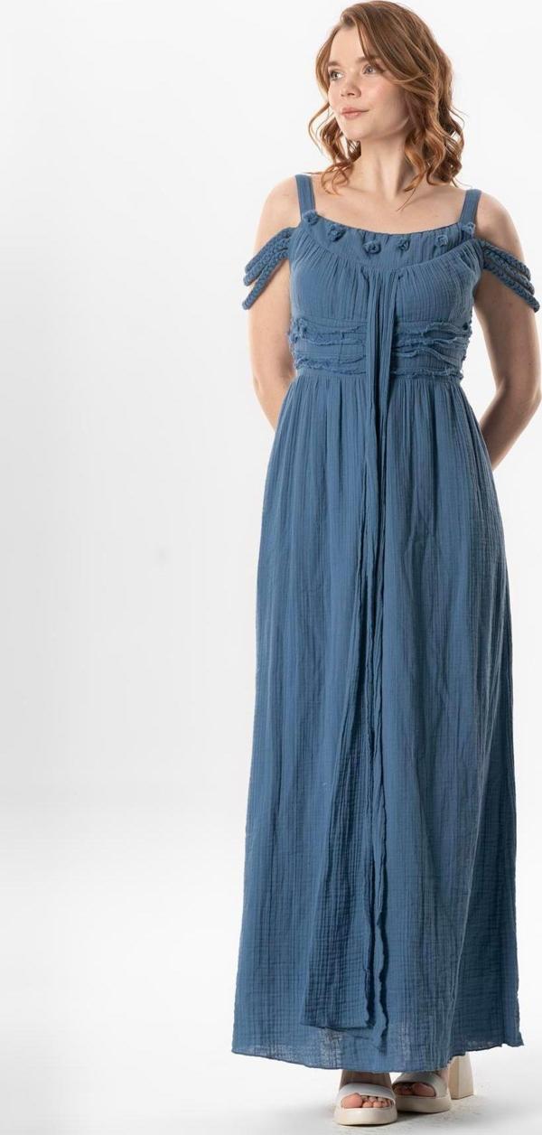 Askılı Kleopatra Kol Detaylı Uzun Müslin Yazlık Elbise İndigo indg - Image 1