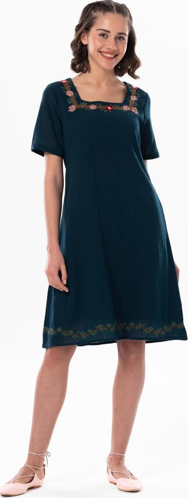 Kısa Kol Şile Bezi Kare Yaka Narin Kısa Yazlık Elbise Petrol Ptrl - Image 1