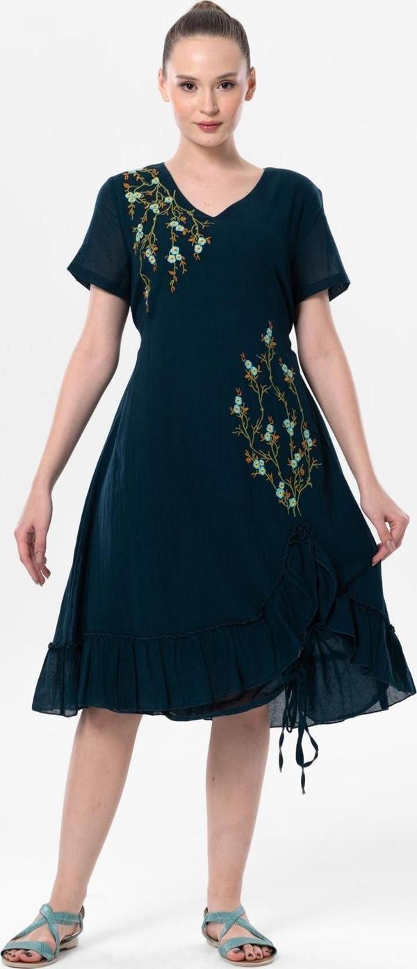 Kısa Kol Vual Candan Midi Boy Bahar Dalı Yazlık Otantik Elbise Petrol Ptrl - Image 1