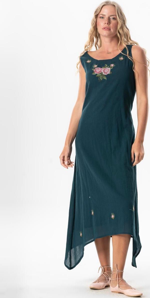 Kolsuz Şile Bezi Gülsüm Asimetrik Kesim Nakışlı Uzun Yazlık Elbise Petrol Ptrl - Image 1