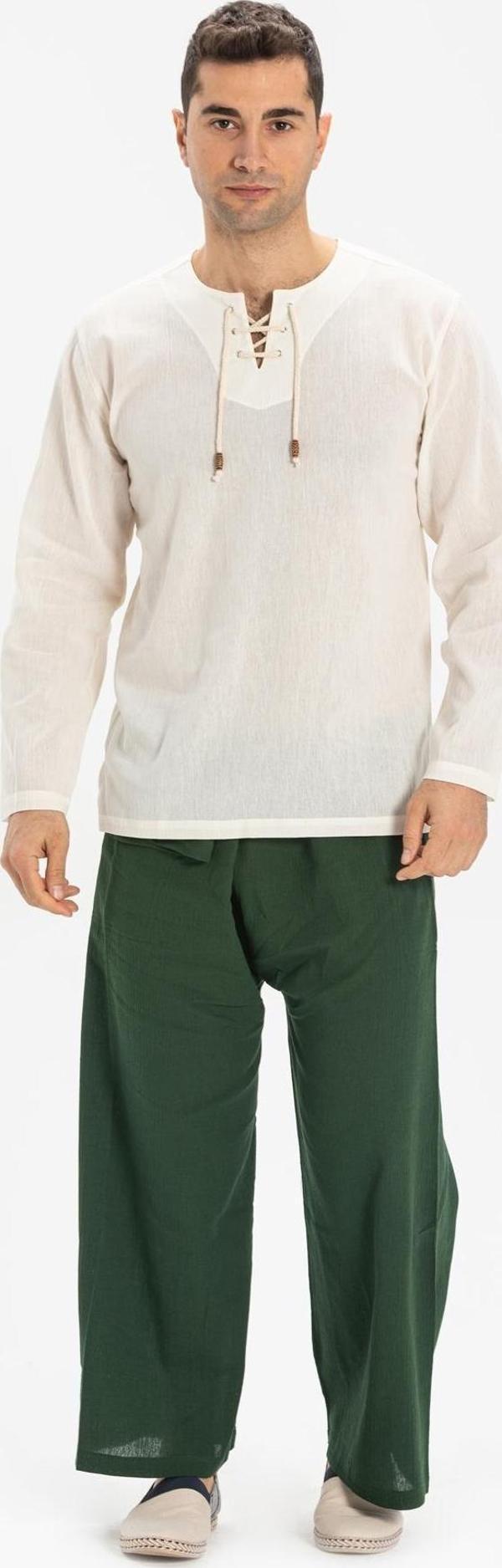 Büyük Beden Şile Bezi Uzun Kol Zımbalı Erkek Yazlık Tshirt Krem 3002 - Image 1