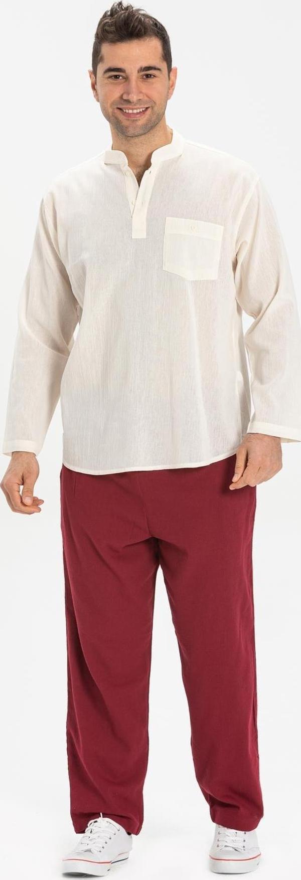 Büyük Beden Şile Bezi Uzun Kol Tek Cepli Hakim Yaka Erkek Yazlık Tshirt Krem 3002 - Image 1