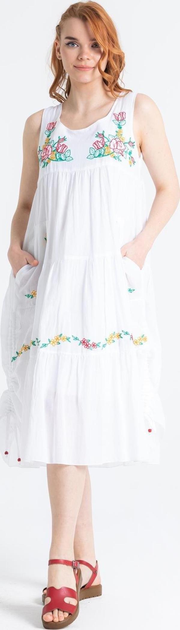 Kolsuz Vual Ahsen Nakışlı Midi Boy Yazlık Elbise Beyaz Byz - Image 1