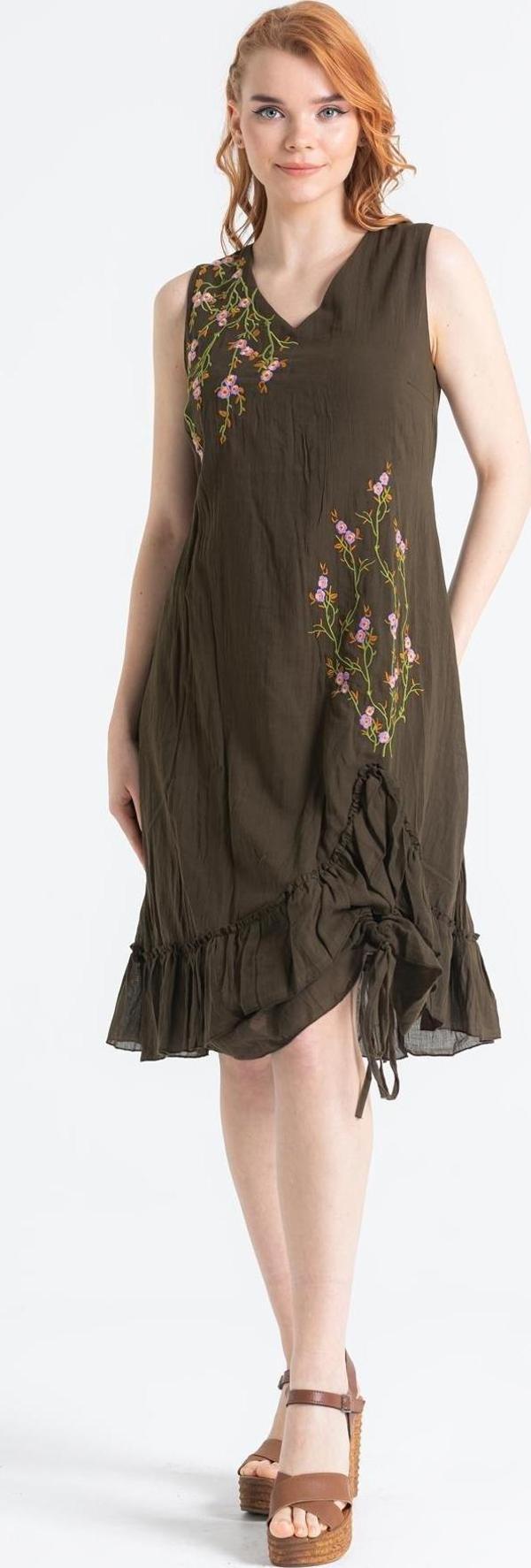 Kolsuz Vual Candan Yırtmaçlı Midi Boy Yazlık Elbise Haki Hk - Image 1