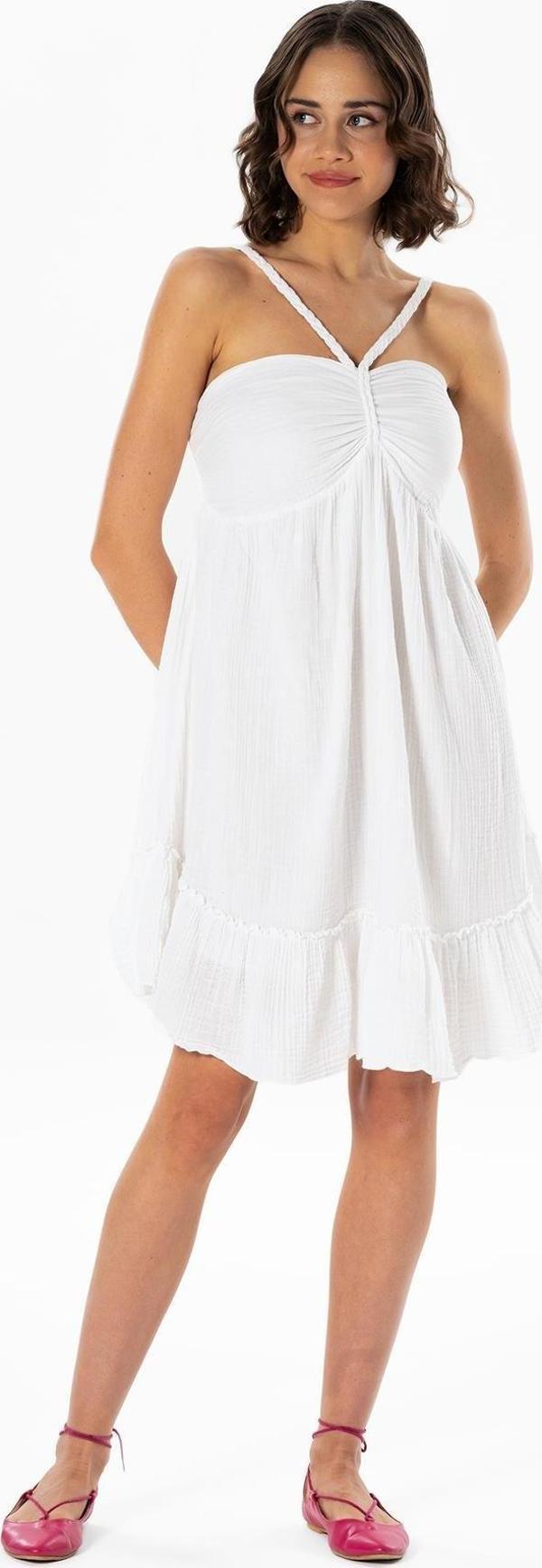 Alanya Boyundan Bağlamalı Kısa Yazlık Müslin Elbise Beyaz Byz - Image 1