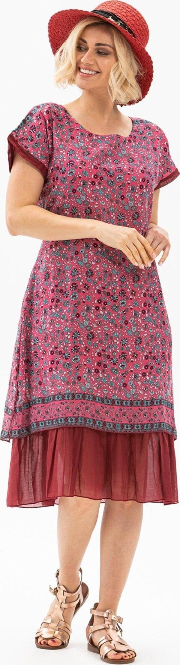 Kısa Kol Vual Defne Midi Boy Yazlık Otantik Elbise Fuşya 6101 - Image 1