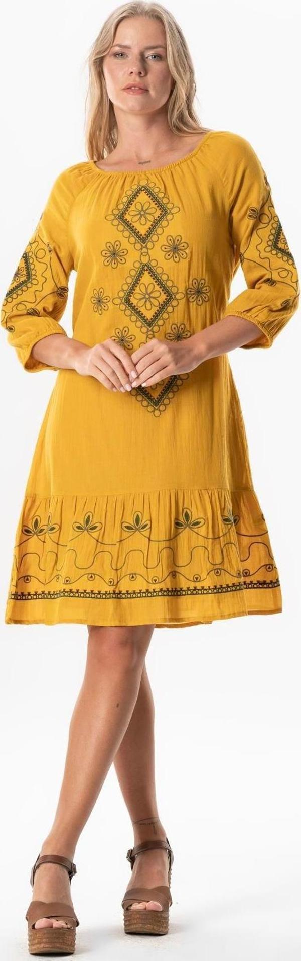 Yarım Kol Vual Yeşim Kemer Detaylı Nakışlı Kısa Yazlık Elbise Hardal Hrd - Image 1