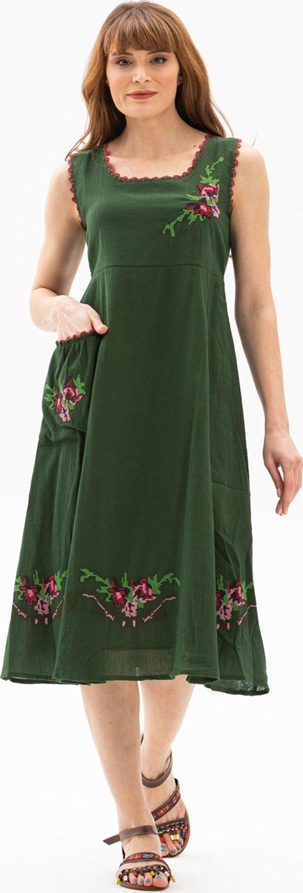 Kolsuz Şile Bezi Burçak Midi Boy Yazlık Elbise Yeşil Ysl - Image 1