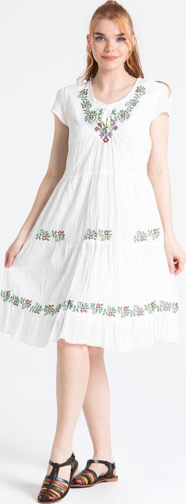 Kısa Kol Vual Vildan Nakışlı Midi Boy Yazlık Elbise Krem Krm - Image 1