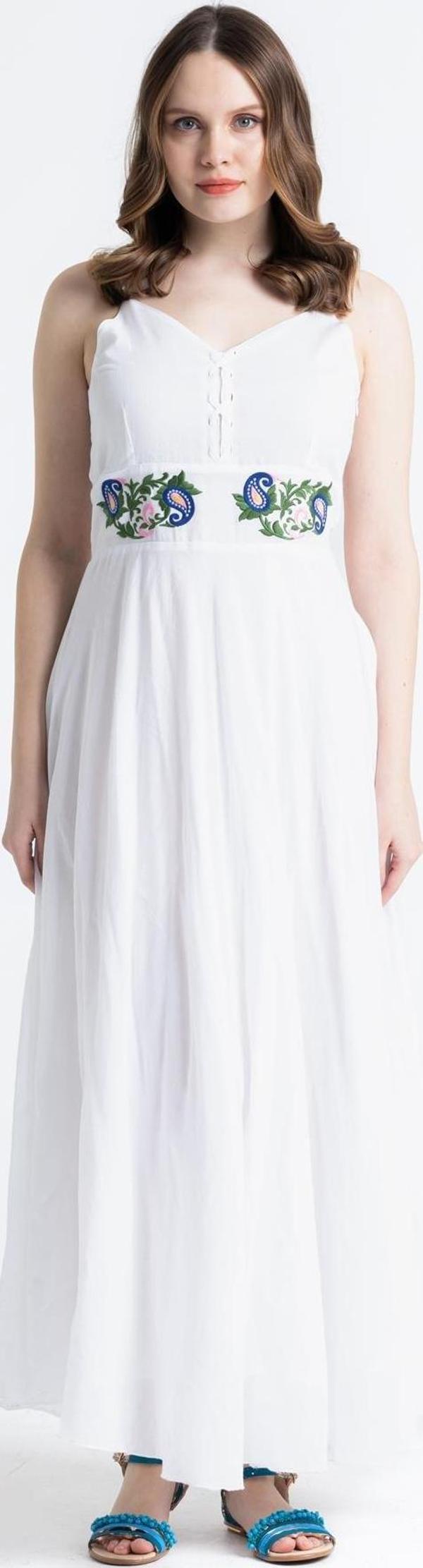 Askılı Vual Seyran Nakışlı Uzun Yazlık Elbise Beyaz Byz - Image 1