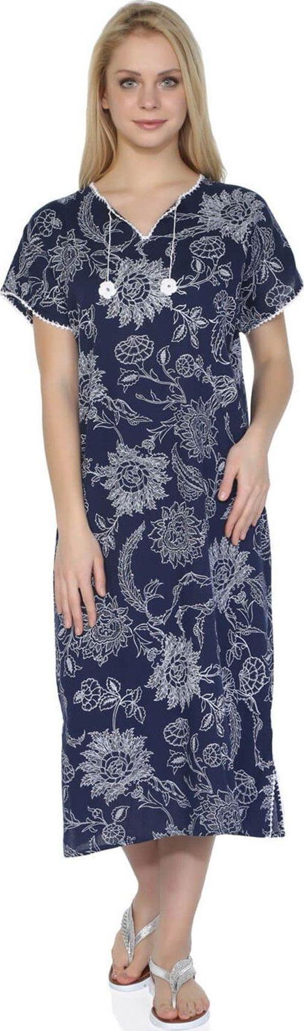 Kısa Kol Şile Bezi Baskılı Uzun Yazlık Elbise Çınar Desen Lacivert Lcvt - Image 1