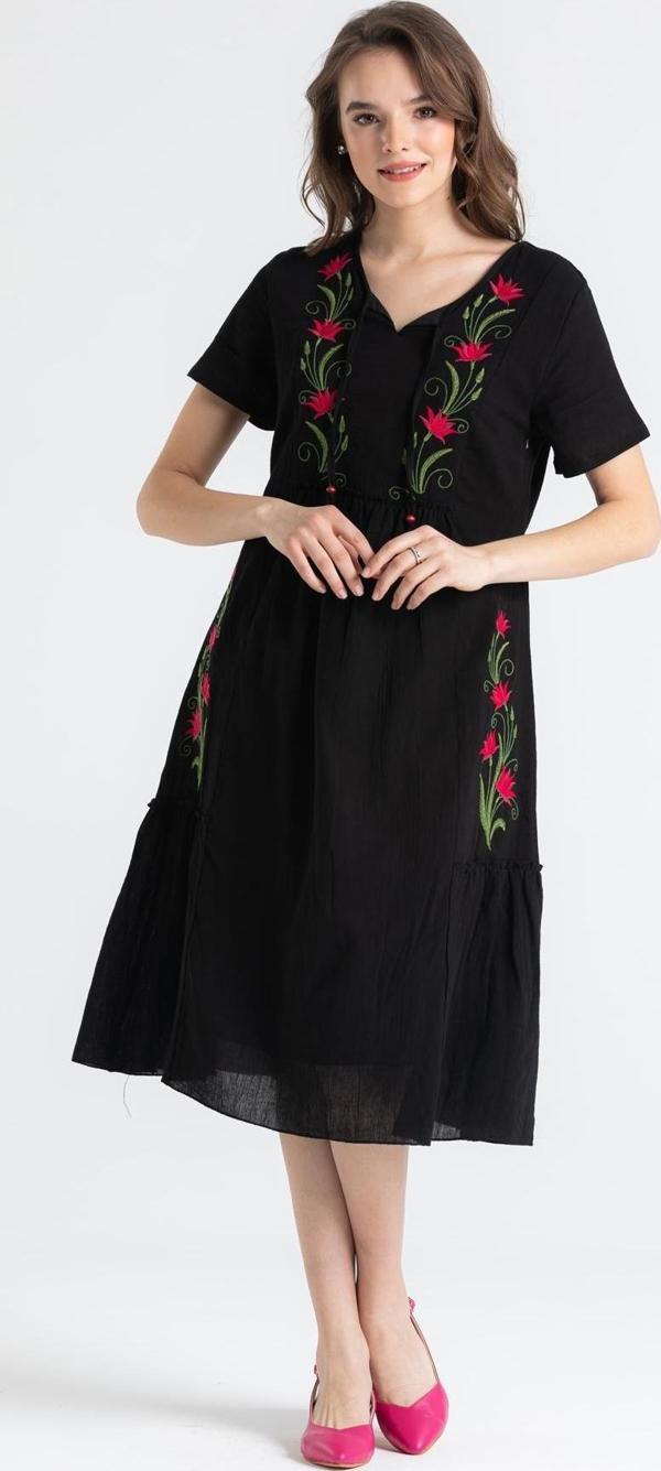 Kısa Kol Şile Bezi Lalezar Nakışlı Midi Boy Yazlık Elbise Siyah Syh - Image 1