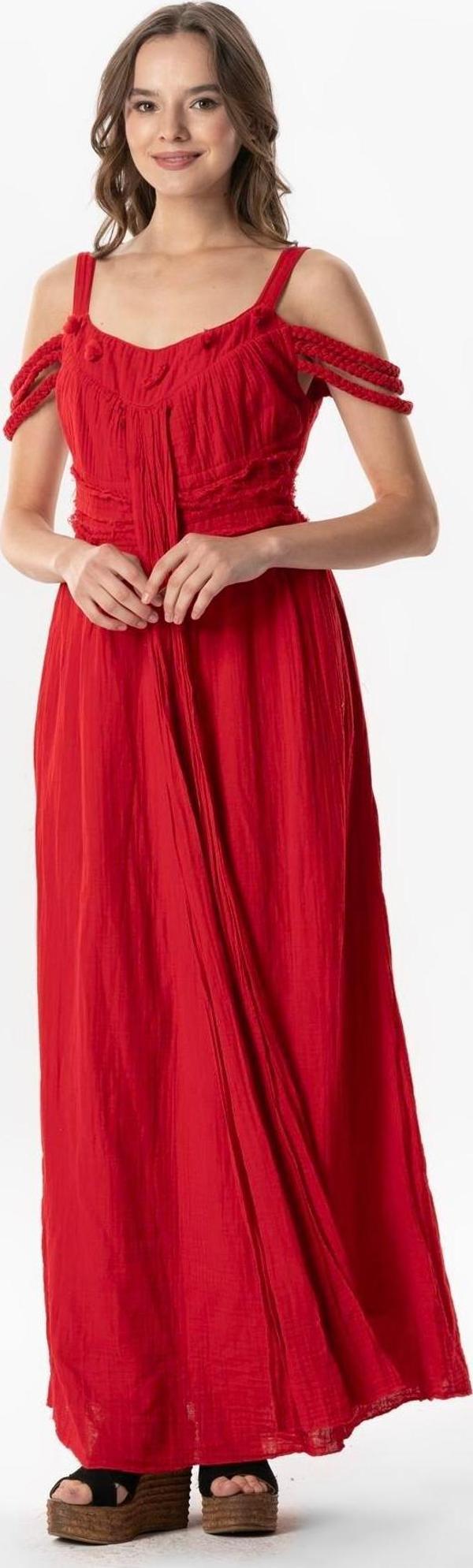 Askılı Kleopatra Kol Detaylı Uzun Müslin Yazlık Elbise Kırmızı Krmz - Image 1