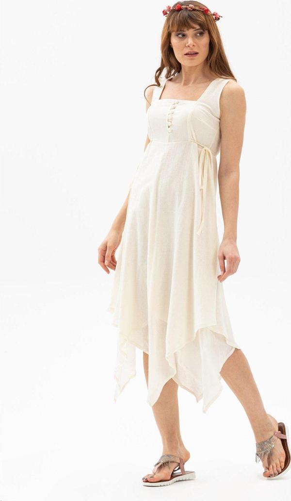 Kolsuz Şile Bezi Üçgen Katlı Midi Boy Yazlık Elbise Krem Krm - Image 1