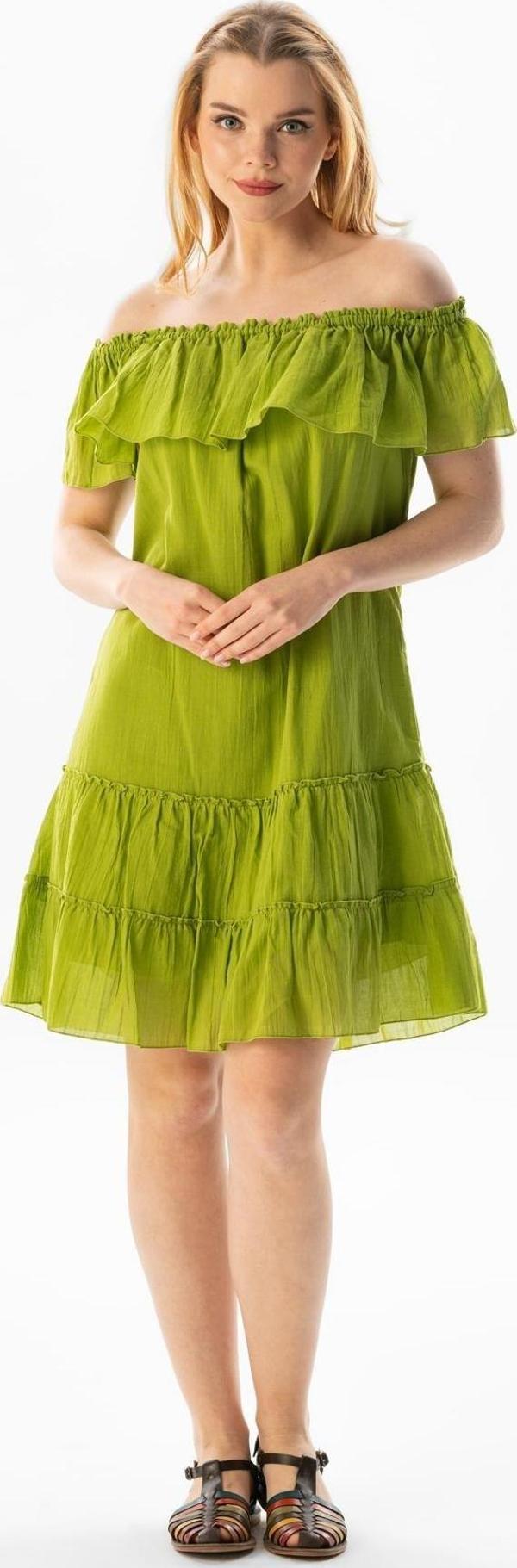 Kısa Kol Vual Lavinya Kayık Yaka Kısa Yazlık Elbise Fıstık Yeşili fysl - Image 1