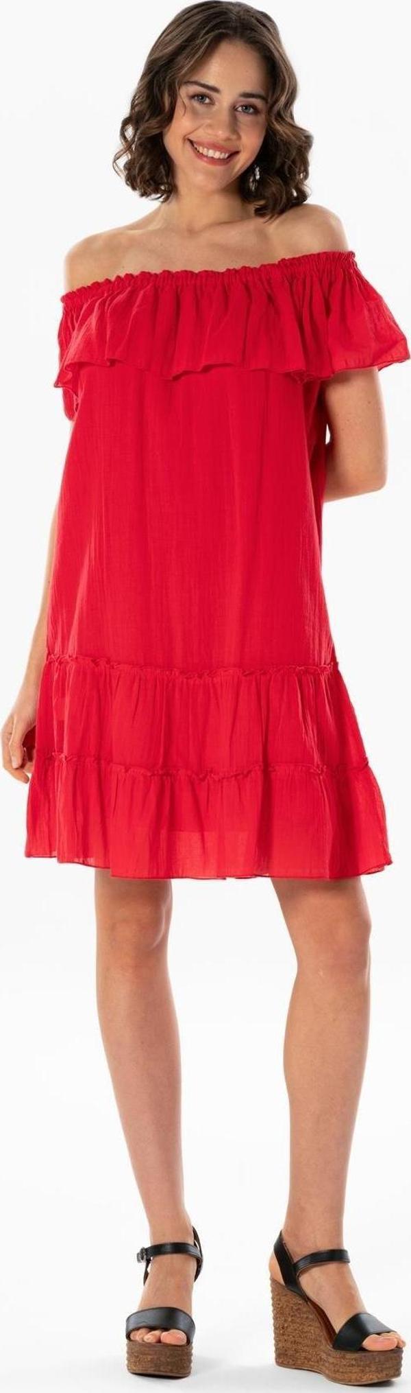 Kısa Kol Vual Lavinya Kayık Yaka Kısa Yazlık Elbise Nar Çiçeği nrçği - Image 1