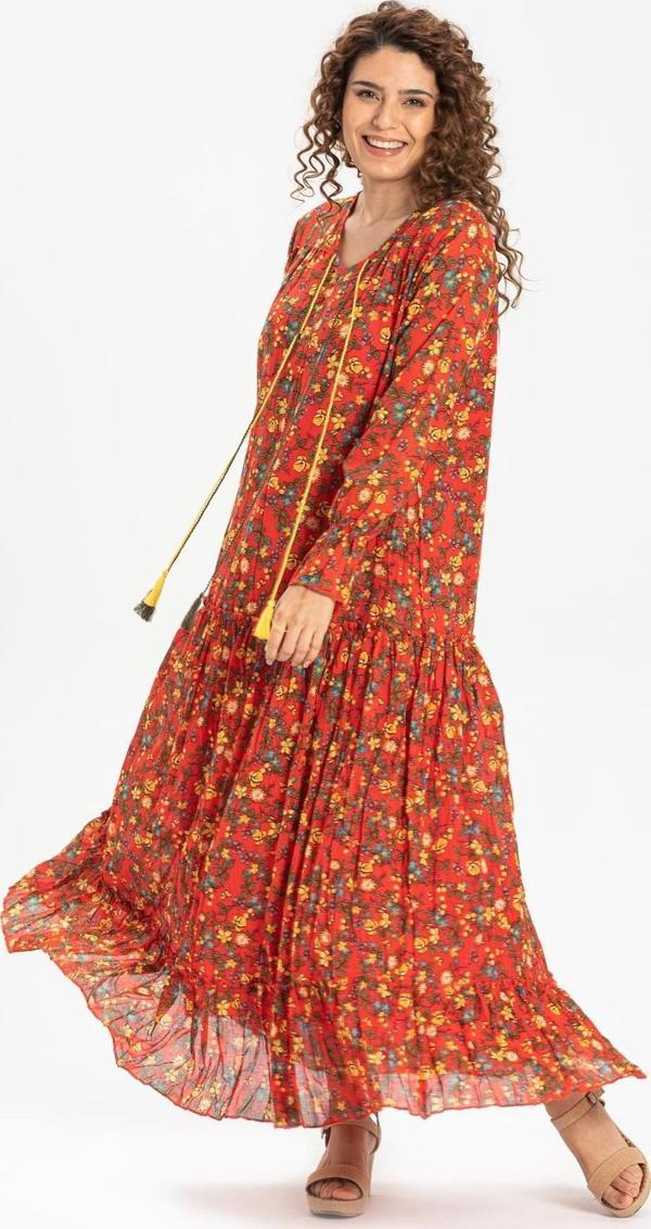 Uzun Kol Vual Gonca Uzun Yazlık Elbise Tomurcuk Desen Turuncu 6168 - Image 1