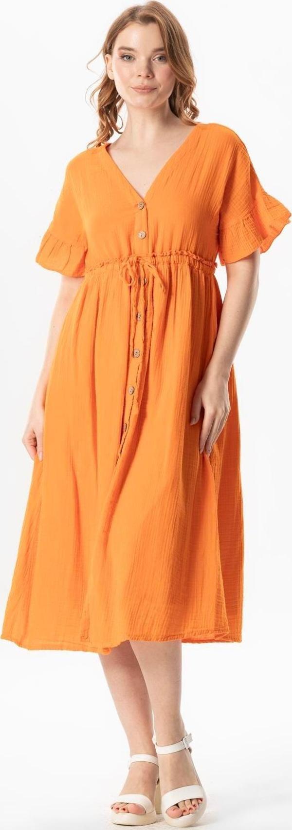Kısa Kol Büzgülü Afra Midi Boy Yazlık Müslin Elbise Turuncu Trnc - Image 1