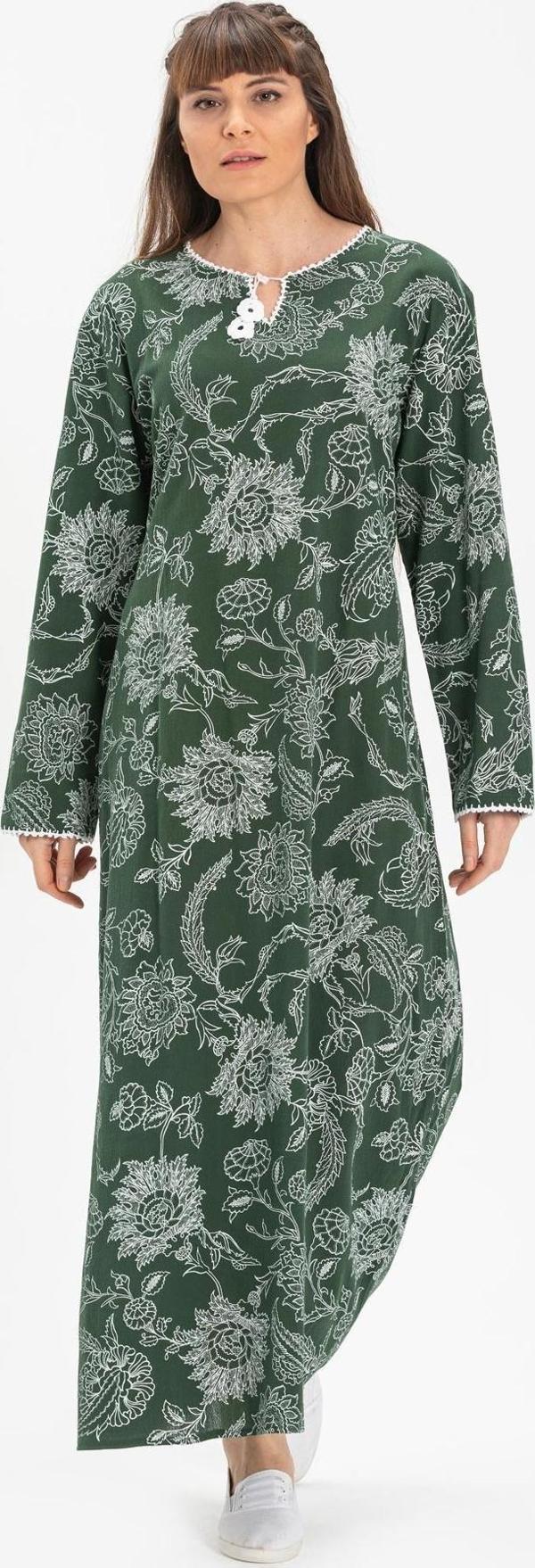 Uzun Kol Şile Bezi Baskılı Uzun Yazlık Elbise Çınar Desen Yeşil Ysl - Image 1