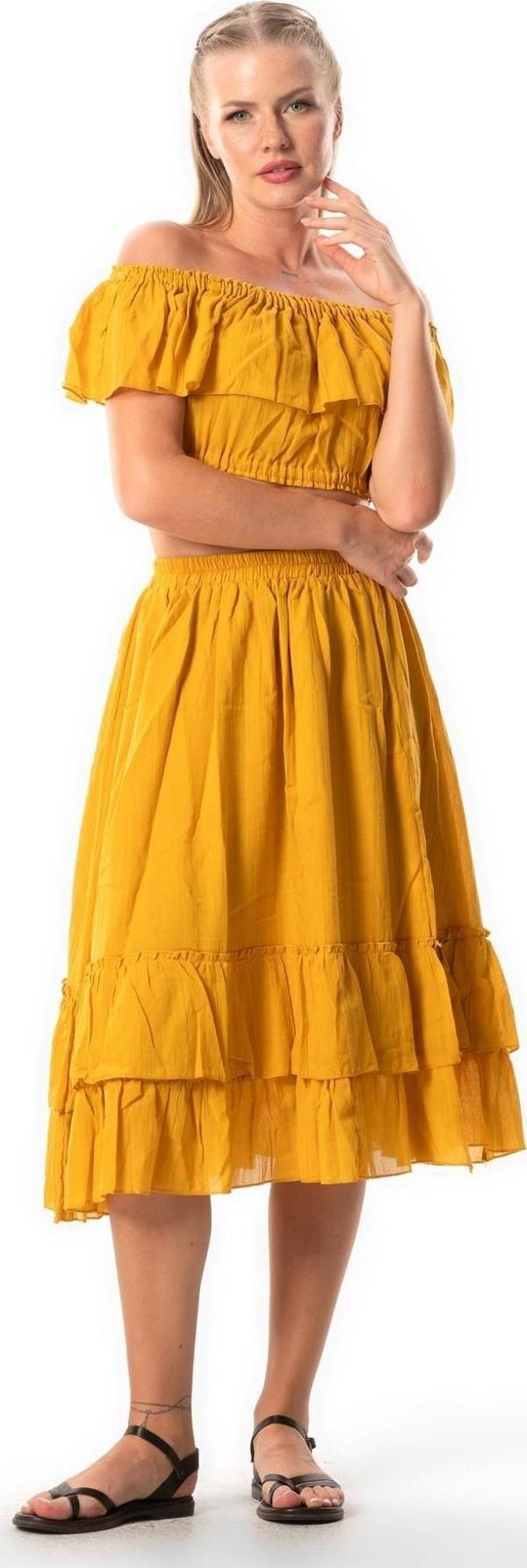 Lavinya Beli Lastikli Vual Uzun Yazlık Etek Hardal Hrd - Image 1