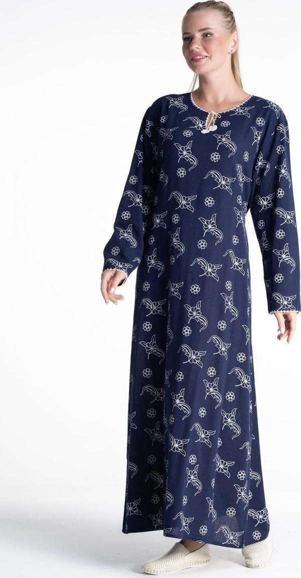 Uzun Kol Şile Bezi Baskılı Uzun Yazlık Elbise Serpme Desen Lacivert Lcvt - Image 1