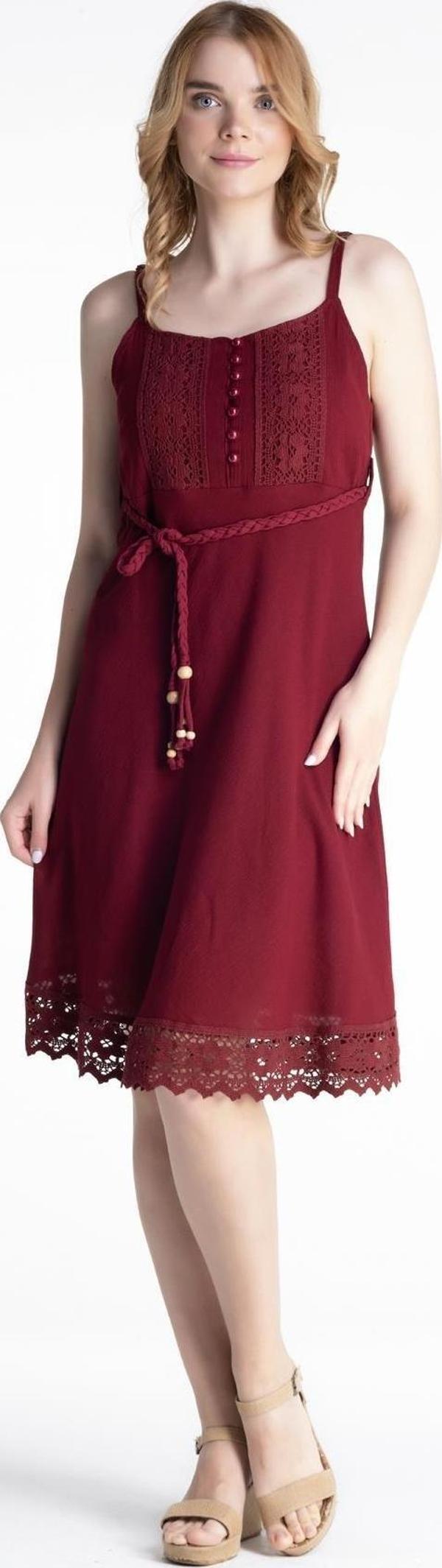 Askılı Şile Bezi Eda Kısa Yazlık Elbise Bordo Brd - Image 1