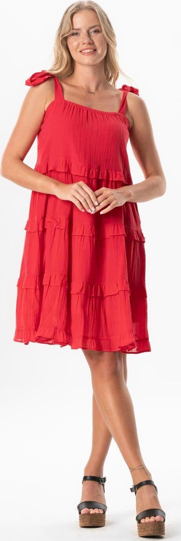 Askılı Vual Dubai Kare Yaka Kısa Yazlık Elbise Mercan Mrcn - Image 1