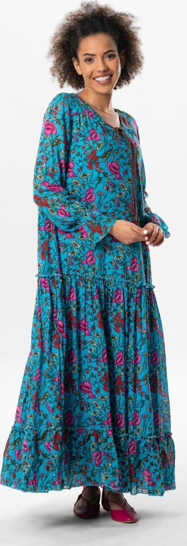 Uzun Kol Vual Gonca Uzun Yazlık Elbise Gelincik Desen Turkuaz Çizgili 6156 - Image 1