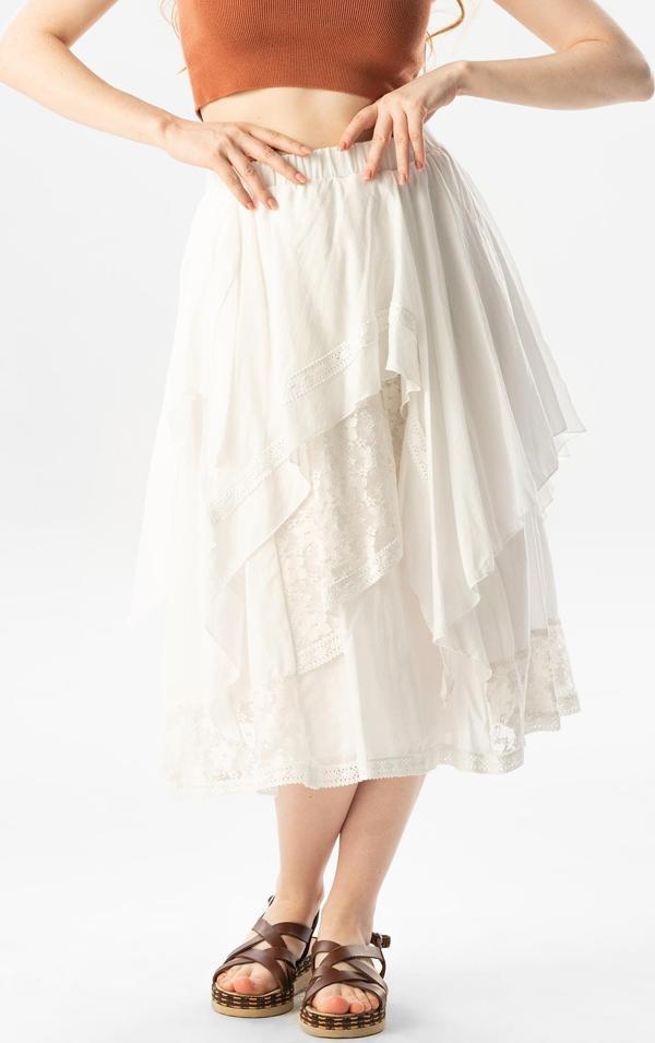 Salkım Vual Dantelli Saçaklı Uzun Yazlık Otantik Etek Krem Krm - Image 1