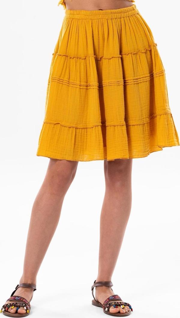 Benan Beli Lastikli Kısa Yazlık Müslin Etek Hardal Hrd - Image 1