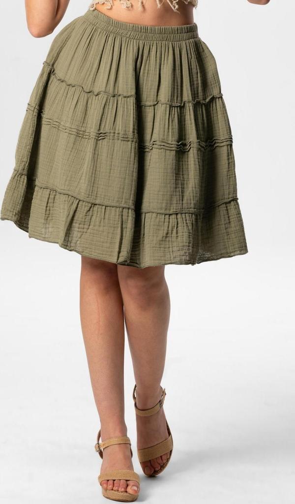 Benan Beli Lastikli Kısa Yazlık Müslin Etek Haki Hk - Image 1