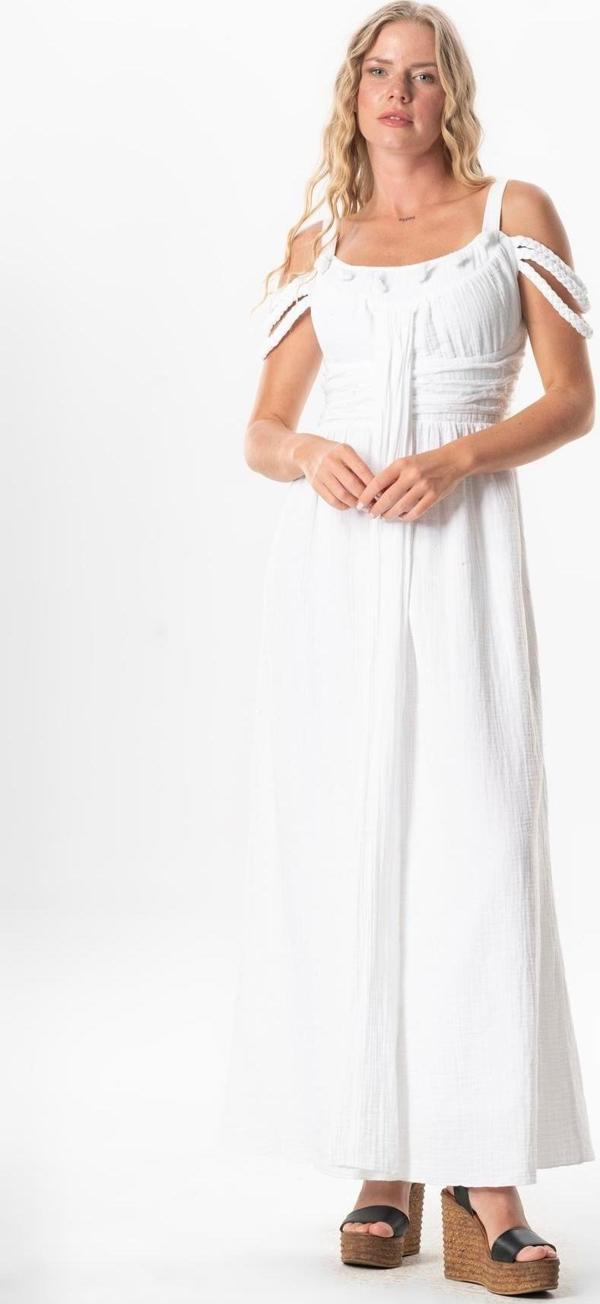 Askılı Kleopatra Kol Detaylı Uzun Müslin Yazlık Elbise Beyaz Byz - Image 1