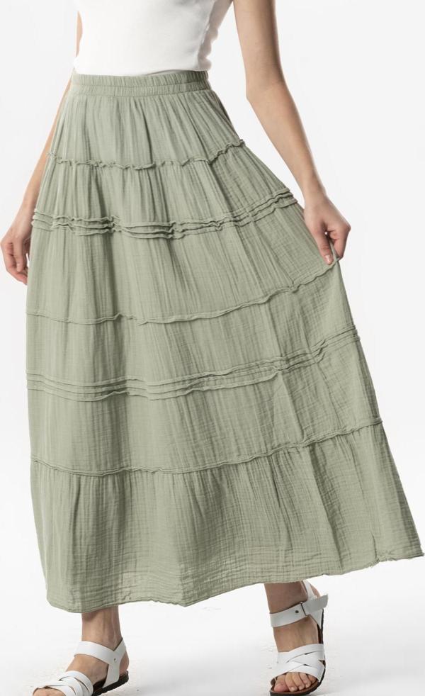 Benan Beli Lastikli Uzun Yazlık Müslin Etek Zeytin Yeşili Zytnysl - Image 1