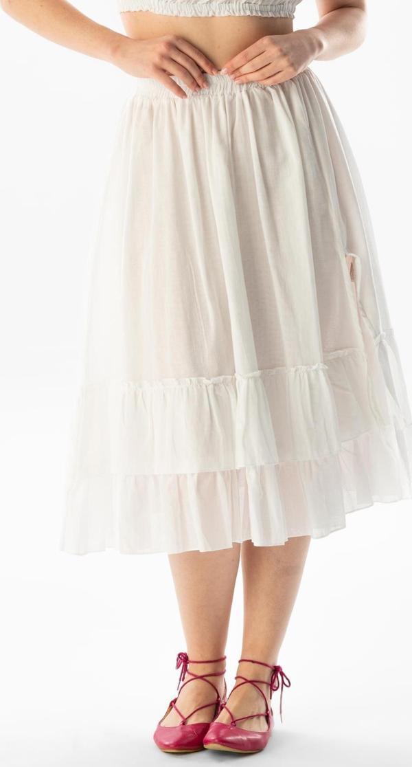 Lavinya Beli Lastikli Vual Uzun Yazlık Etek Beyaz Byz - Image 1