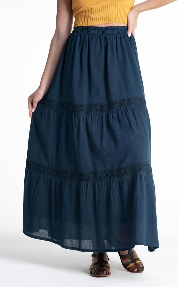 Uzun Şile Bezi Dantelli Yazlık Etek Petrol Ptrl - Image 1